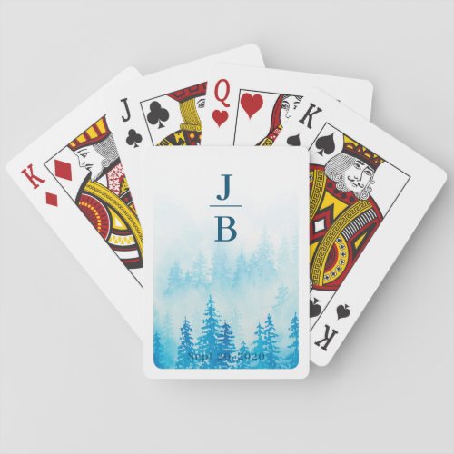 Couples Initials Evergreens in Fog Forest Blue Poker Cards