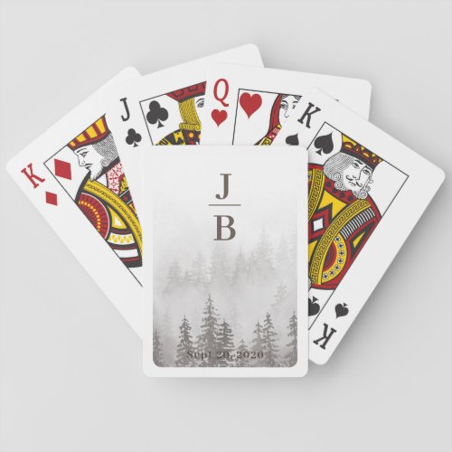 Couples Initials Evergreens in Fog Forest Gray Playing Cards