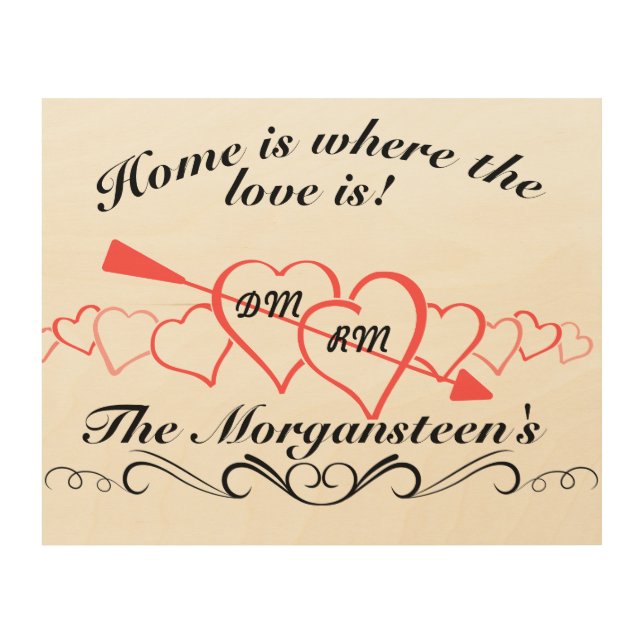 Couples Initials/Family Name Home Is Where Love Is Wood Wall Art (Front)
