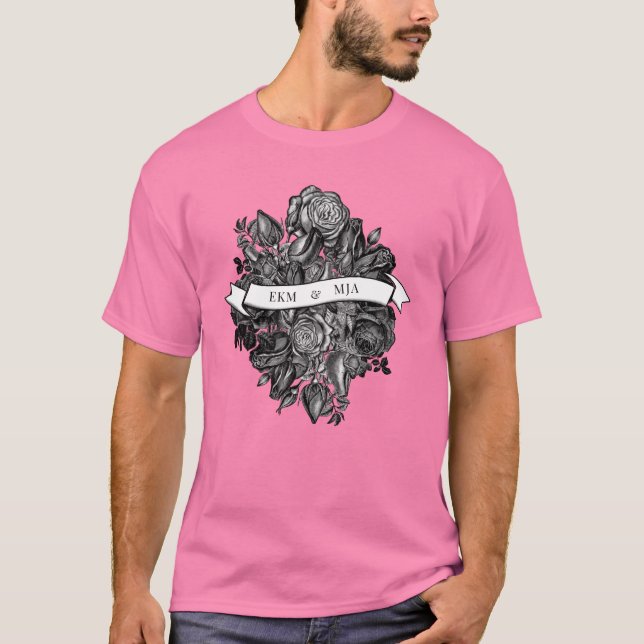 Couples Initials Monogram Black Roses Wedding T-Shirt (Front)