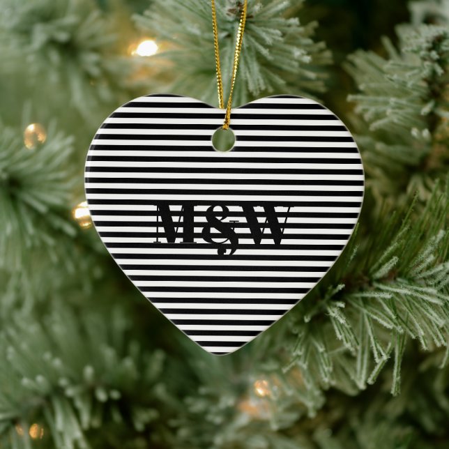 Couple's initials monogram black white stripes ceramic ornament (Tree)
