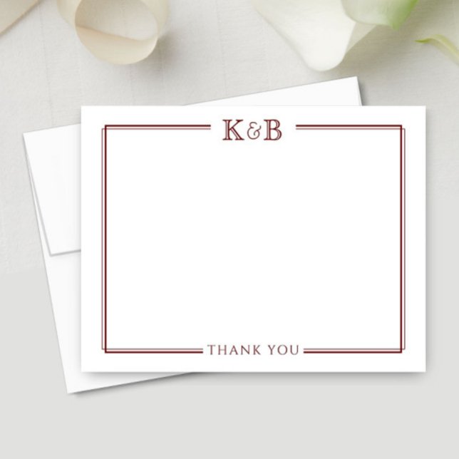 Couple's Initials Newlyweds Dark Red Thank You Note Card (Creator Uploaded)