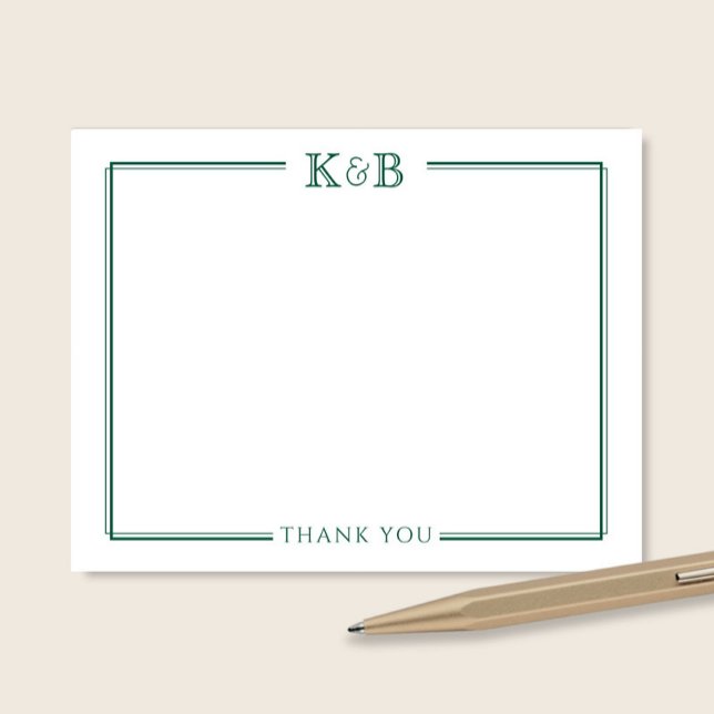 Couple's Initials Newlyweds Hunter Green Thank You Note Card (Creator Uploaded)