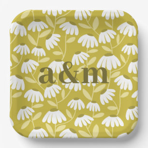 Couple's Initials Olive/Mustard Green Floral Paper Plates