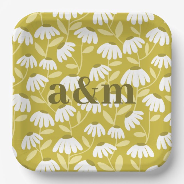 Couple's Initials Olive/Mustard Green Floral Paper Plates (Front)