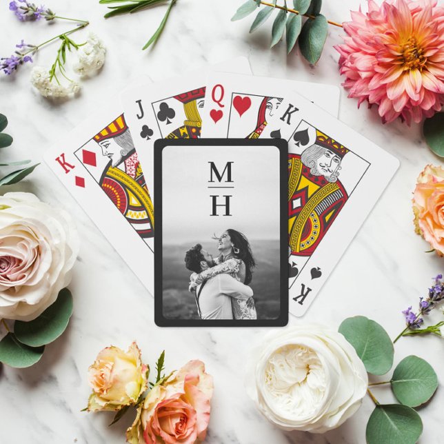Couples Initials Retro Photo Monogram Black Poker Cards (Creator Uploaded)