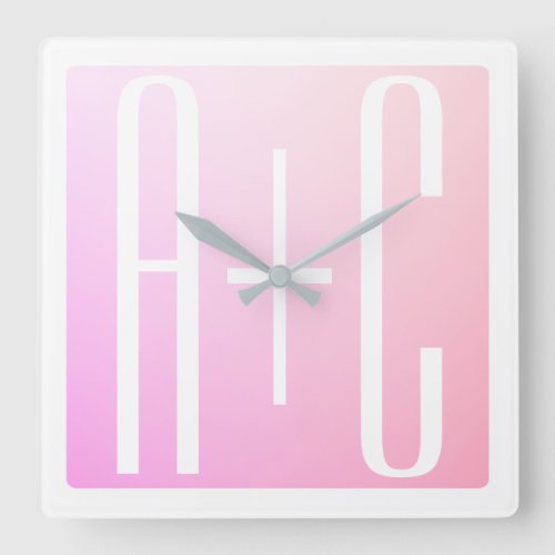 Couples Initials  Subtle Pink Gradation Square Wall Clock