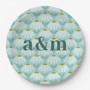 Couple's Initials Teal Blue & Olive Floral Paper Plates