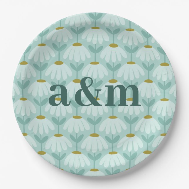 Couple's Initials Teal Blue & Olive Floral Paper Plates (Front)
