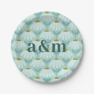 Couple's Initials Teal Blue & Olive Floral Paper Plates