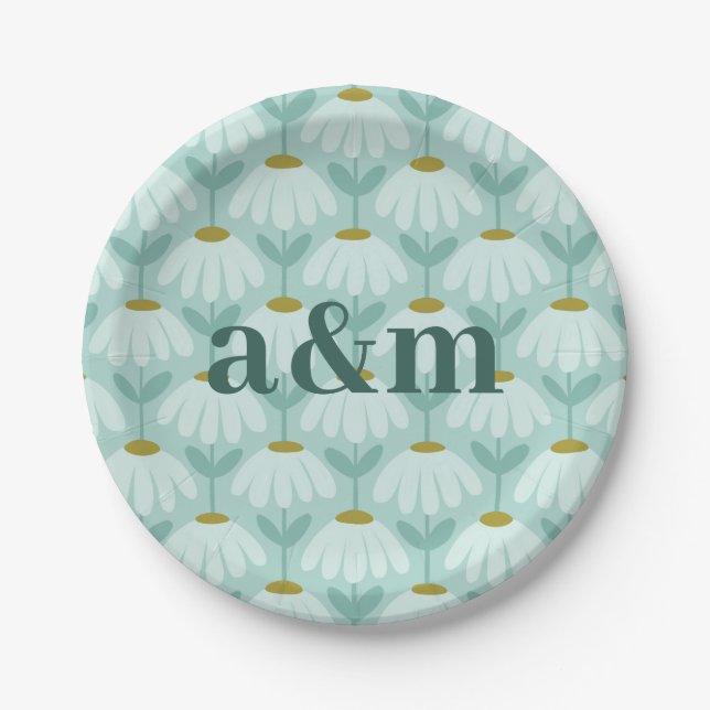 Couple's Initials Teal Blue & Olive Floral Paper Plates (Front)