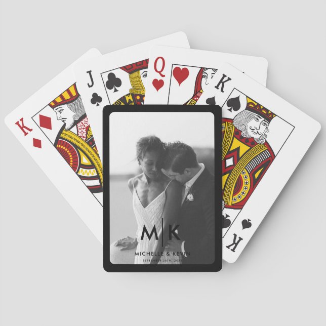 Couples Initials Wedding Photo Monogram Black Poker Cards (Back)