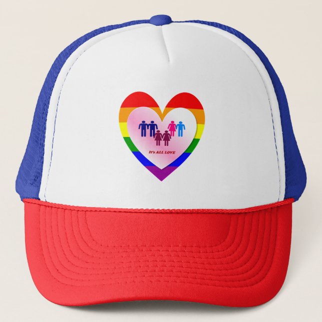 Couples Inside the All Love Pride Heart Trucker Hat (Front)