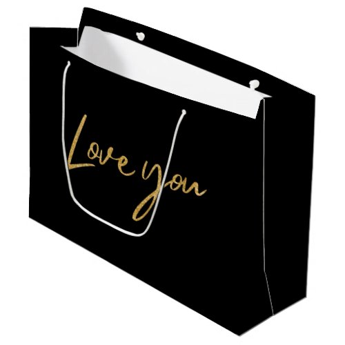 Couples Love You Valentines Day Gold Glitter Black Large Gift Bag