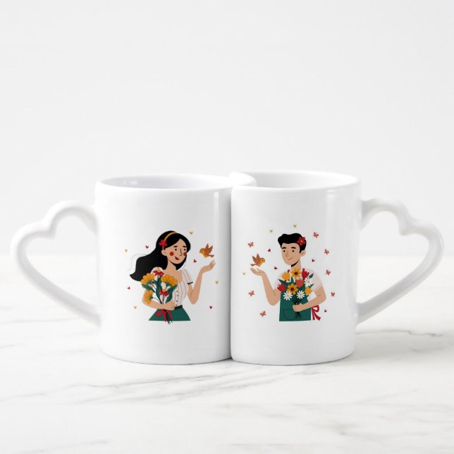 Couple's Matching Flower Illustration cups (Front Nesting)