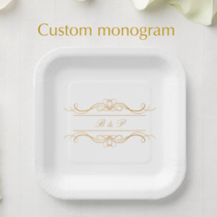 Couple's Monogram Elegant Gold Swirl Wedding Paper Plates