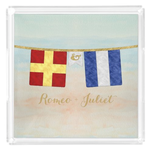 Couples Monogram Maritime Signal Flags Watercolor Acrylic Tray