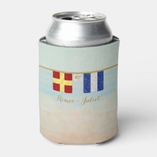 Couples Monogram Maritime Signal Flags Watercolor Can Cooler