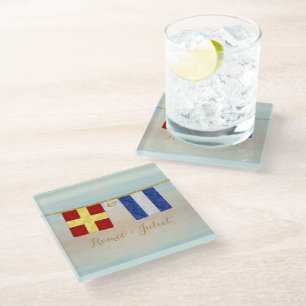 Couples Monogram Maritime Signal Flags Watercolor Glass Coaster
