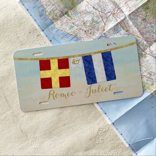 Couples Monogram Maritime Signal Flags Watercolor License Plate