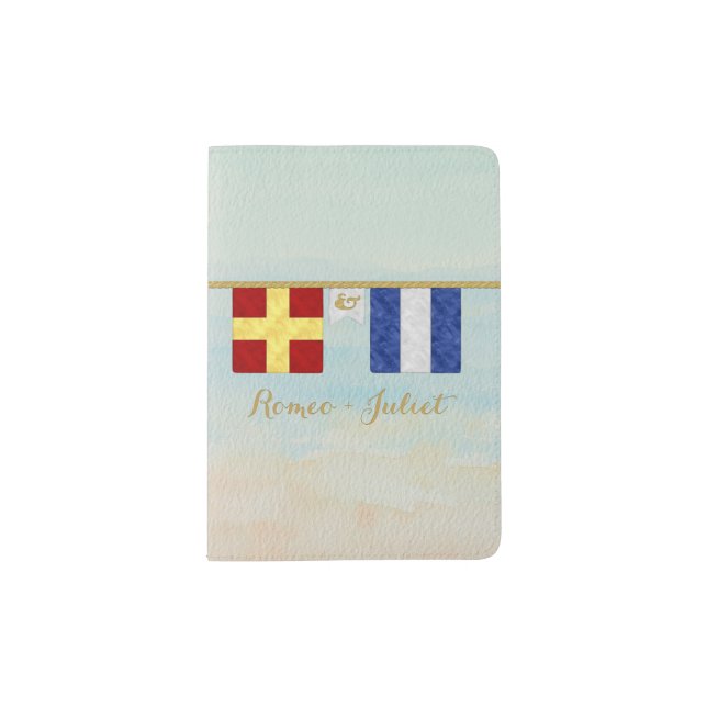 Couples Monogram Maritime Signal Flags Watercolor Passport Holder (Front)