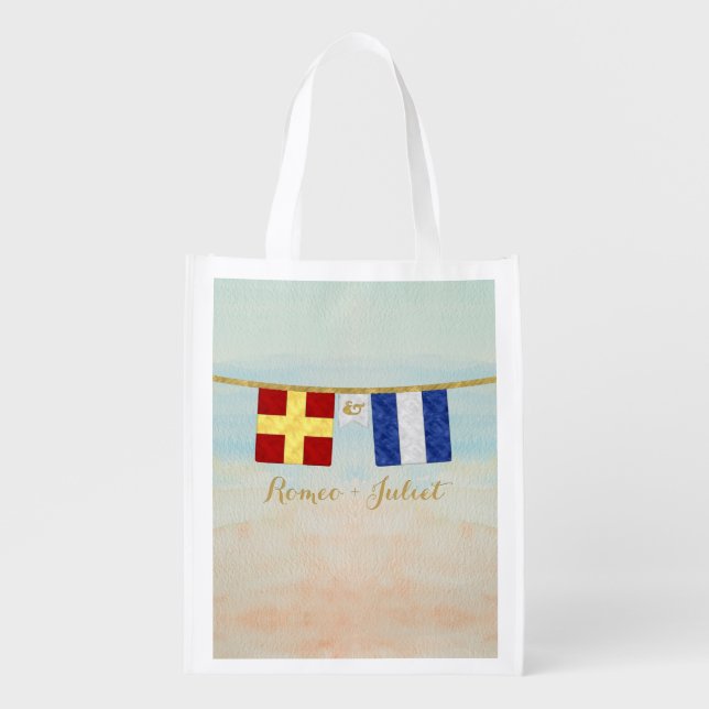 Couples Monogram Maritime Signal Flags Watercolor Reusable Grocery Bag (Front)