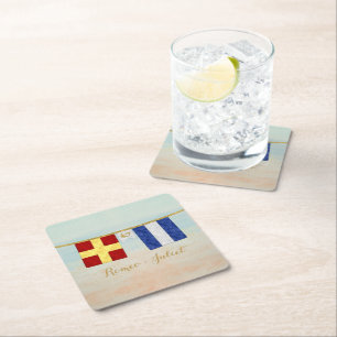 Couples Monogram Maritime Signal Flags Watercolor Square Paper Coaster