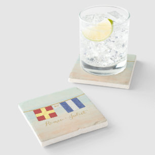 Couples Monogram Maritime Signal Flags Watercolor Stone Coaster