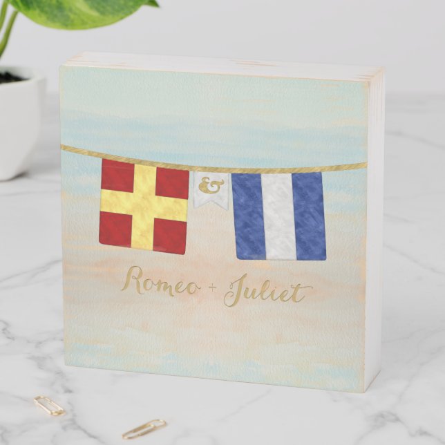 Couples Monogram Maritime Signal Flags Watercolor Wooden Box Sign (In Situ Horizontal)