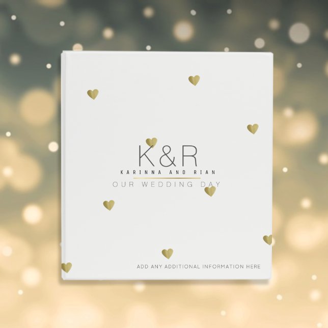 Couples monogram with gold hearts wedding white 3 ring binder (Creator Uploaded)