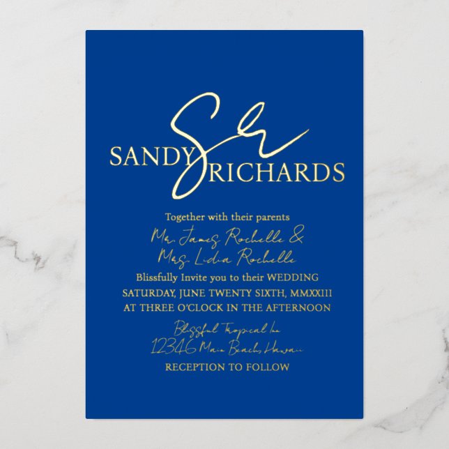 Couples Monogrammed  Blue Gold Wedding   Foil Invitation (Front)
