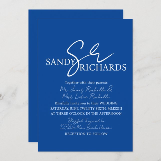 Couples Monogrammed  Blue White Script Wedding   Invitation (Front/Back)
