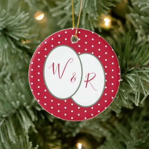 Couples Monogrammed Our First Christmas Red Ceramic Ornament