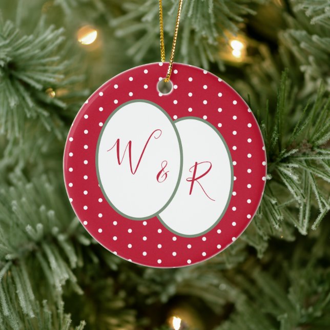 Couples Monogrammed Our First Christmas Red Ceramic Ornament (Tree)