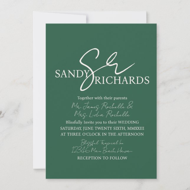 Couples Monogrammed Verde Script Wedding  Invitation (Front)