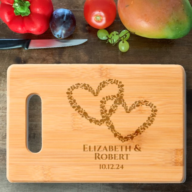 Couple's Name Date Heart Wedding Modern Keepsake  Engraved Cutting Board (Original design hearts, personalize couples names, wedding or anniversary date, stylish unique gift)