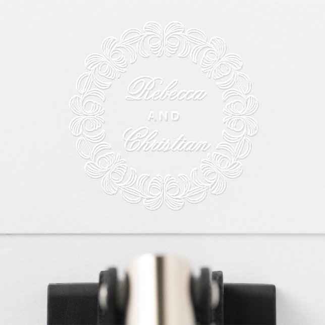 Couple's Name Floral Border Circular Wedding Embosser (Front)