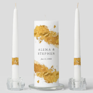 Couples Name Gold Leaf Wedding Unity Candle Set