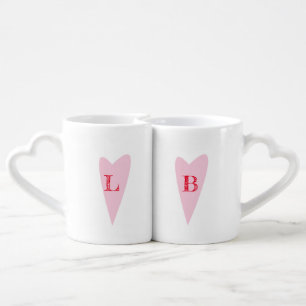 Couples Name Initial Pink Hearts Coffee Mug Set
