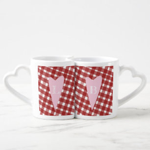 Couples Name Initial Pink Hearts  Plaid Red Coffee Mug Set