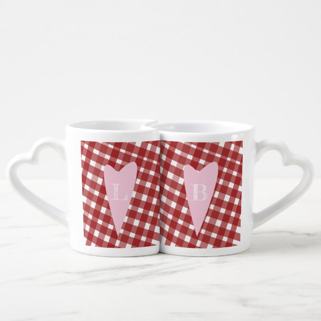 Couples Name Initial Pink Hearts  Plaid Red Coffee Mug Set (Back Nesting)