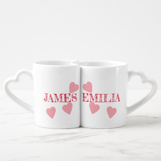 Couples Name Pink Hearts Floating Love Coffee Mug Set (Back Nesting)