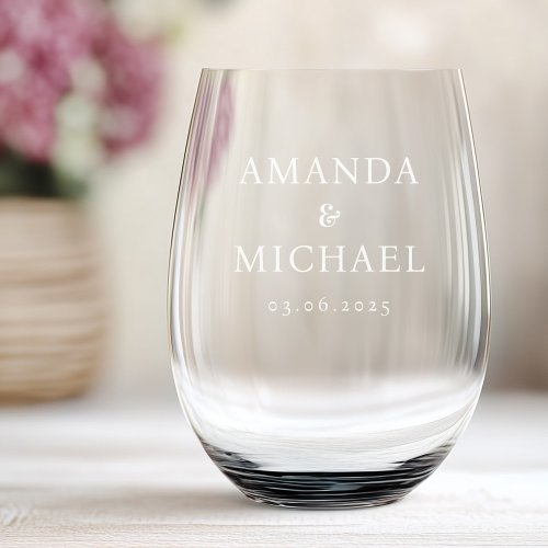 Couples names and wedding date elegant etched stemless wine glass