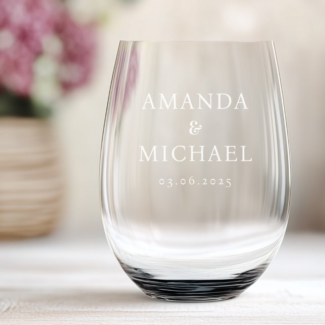 Couple's names and wedding date elegant etched stemless wine glass (Couple's names and wedding date elegant etched stemless wine glass)