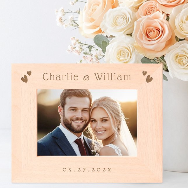Couple's names cute hearts wedding date engraved frames (Couple's names cute hearts wedding date etched frames)