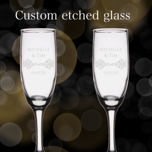 Couple's Names & Date Elegant Modern Wedding Gift Champagne Flute (Add couple’s name and wedding date for an elegant modern personalized etched glass wedding gift.
)