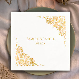 Couple's Names Date Hand Drawn Gold Roses Wedding Napkins
