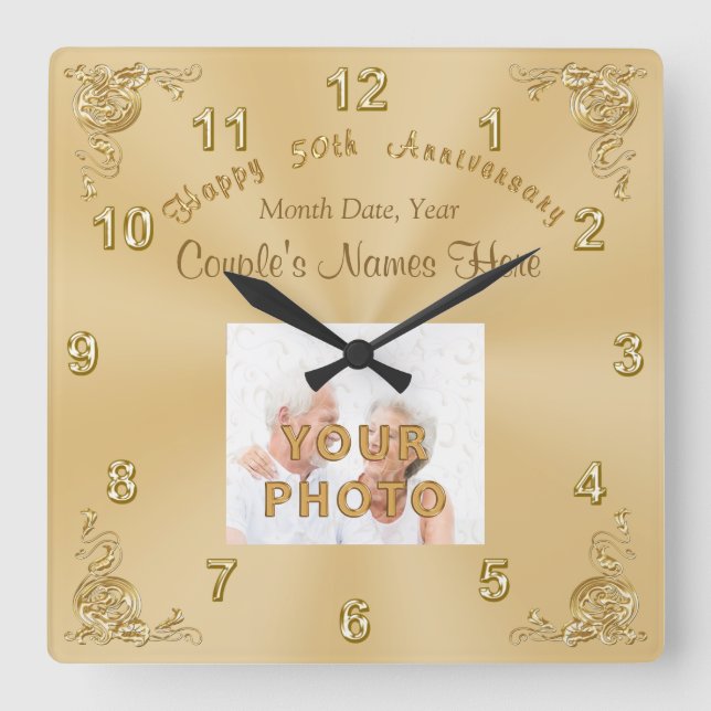 Couple's NAMES, DATE, PHOTO 50th Anniversary CLOCK (Front)