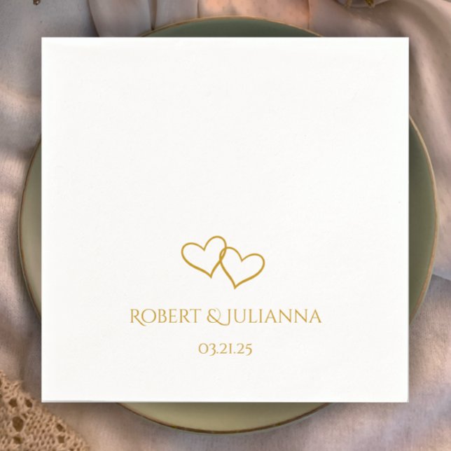 Couple's Names Date Simple Stylish Hearts Wedding Napkins (Add couples names. simple elegant golden hearts. Stylish modern personalized wedding napkins.
)