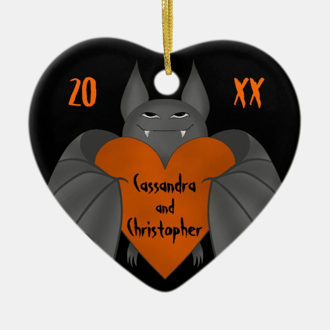Couples names funny Gothic Halloween bat Ceramic Ornament (Front)